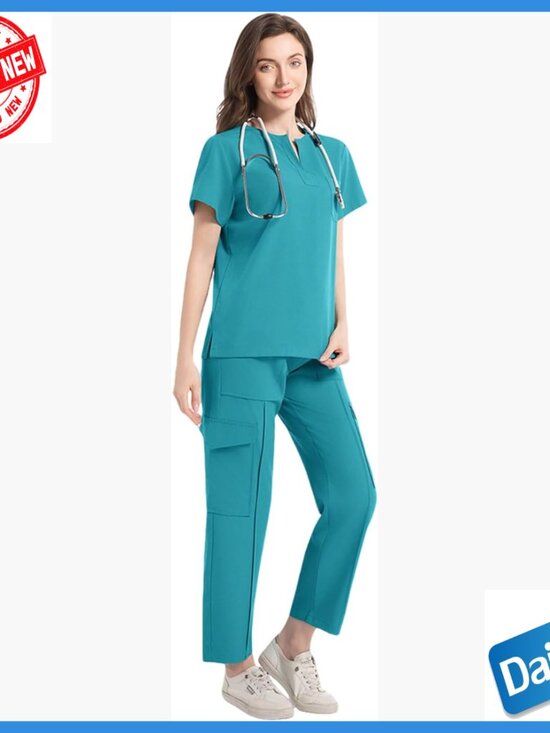 Tops - Large V-Neck Scrub Set Top & Pants Multi-Pocket Medical Uniform